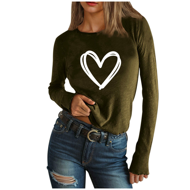 Women's Long Sleeve T Shirt Heart Print Crewneck Slim Fit Tops Tees