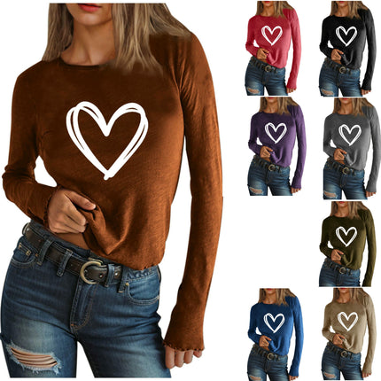 Women's Long Sleeve T Shirt Heart Print Crewneck Slim Fit Tops Tees