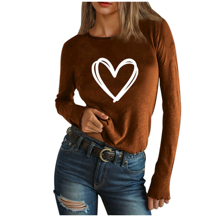 Women's Long Sleeve T Shirt Heart Print Crewneck Slim Fit Tops Tees