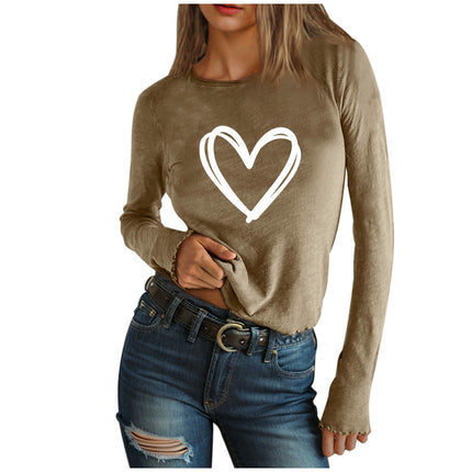Women's Long Sleeve T Shirt Heart Print Crewneck Slim Fit Tops Tees