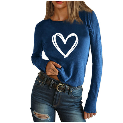 Women's Long Sleeve T Shirt Heart Print Crewneck Slim Fit Tops Tees