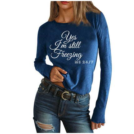 Women Letter Print T-Shirt Graphic Tees Casual Long Sleeve Crewneck Tops