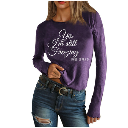 Women Letter Print T-Shirt Graphic Tees Casual Long Sleeve Crewneck Tops