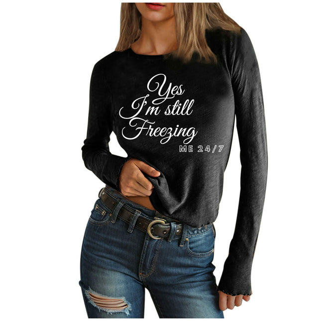 Women Letter Print T-Shirt Graphic Tees Casual Long Sleeve Crewneck Tops