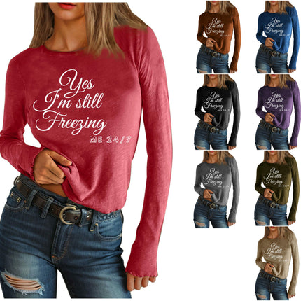 Women Letter Print T-Shirt Graphic Tees Casual Long Sleeve Crewneck Tops