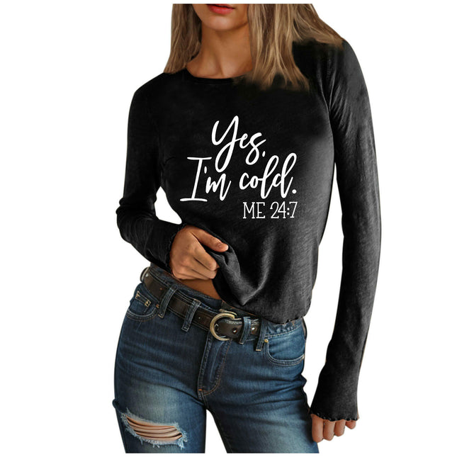 Women Cute Letter Printed T-Shirts Long Sleeve Crew Neck Casual Top