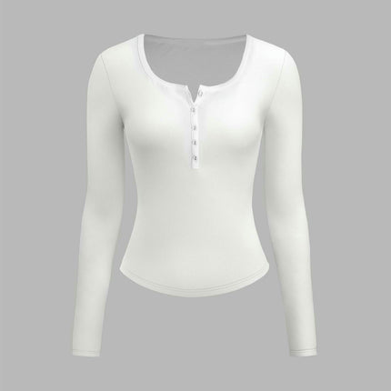 Womens Long Sleeve Button Crewneck Ribbed Knit T-Shirt Fitted Casual Tops