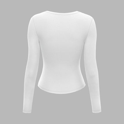 Womens Long Sleeve Button Crewneck Ribbed Knit T-Shirt Fitted Casual Tops