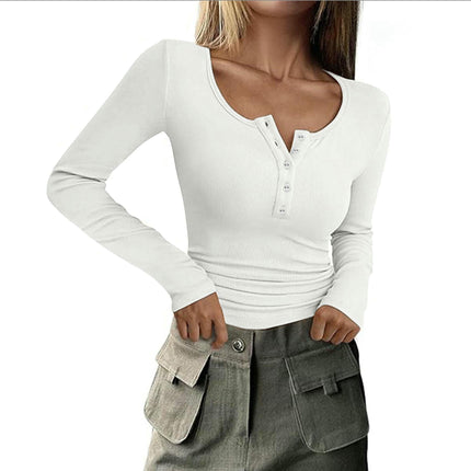 Womens Long Sleeve Button Crewneck Ribbed Knit T-Shirt Fitted Casual Tops