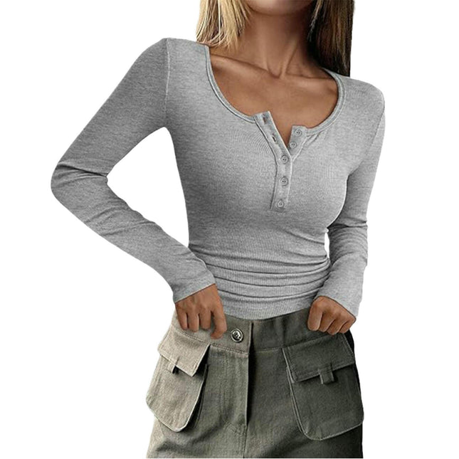 Womens Long Sleeve Button Crewneck Ribbed Knit T-Shirt Fitted Casual Tops