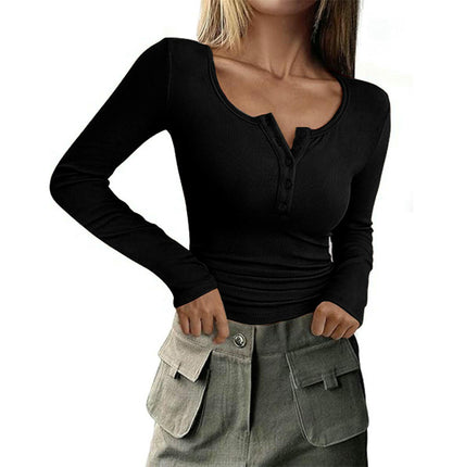 Womens Long Sleeve Button Crewneck Ribbed Knit T-Shirt Fitted Casual Tops
