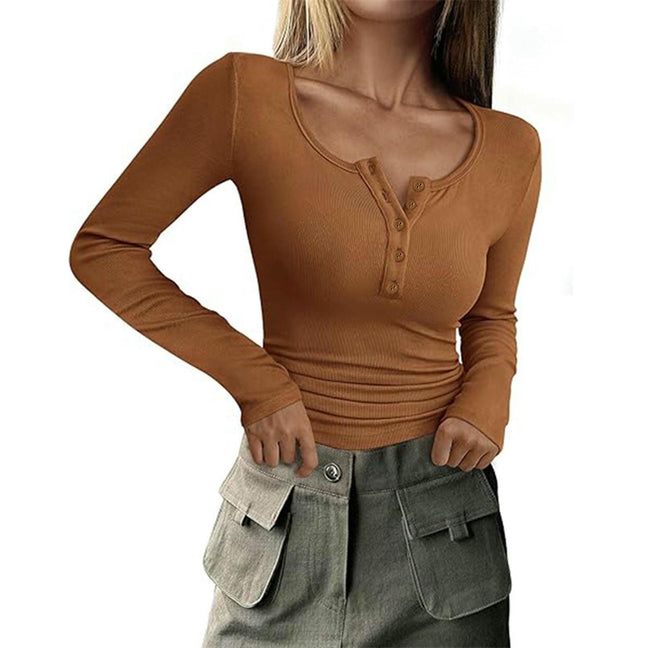 Womens Long Sleeve Button Crewneck Ribbed Knit T-Shirt Fitted Casual Tops