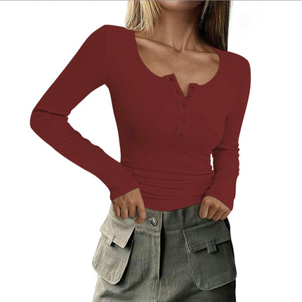 Womens Long Sleeve Button Crewneck Ribbed Knit T-Shirt Fitted Casual Tops