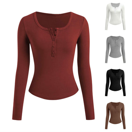 Womens Long Sleeve Button Crewneck Ribbed Knit T-Shirt Fitted Casual Tops