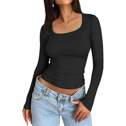 Women Long Sleeve T Shirts Square Going Out Slim Fitted Crop Tops