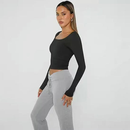 Women Long Sleeve T Shirts Square Going Out Slim Fitted Crop Tops