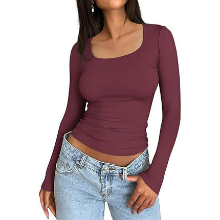 Women Long Sleeve T Shirts Square Going Out Slim Fitted Crop Tops