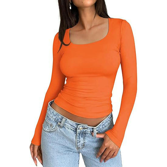 Women Long Sleeve T Shirts Square Going Out Slim Fitted Crop Tops