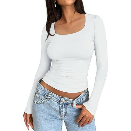 Women Long Sleeve T Shirts Square Going Out Slim Fitted Crop Tops