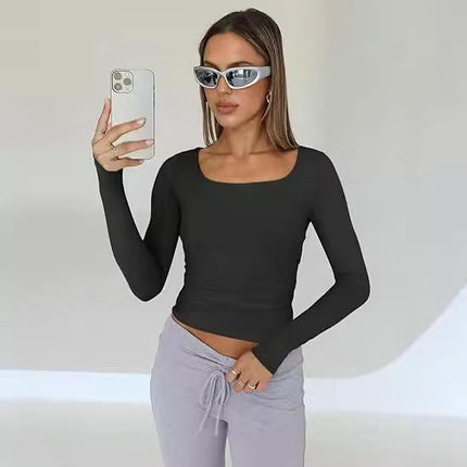 Women Long Sleeve T Shirts Square Going Out Slim Fitted Crop Tops