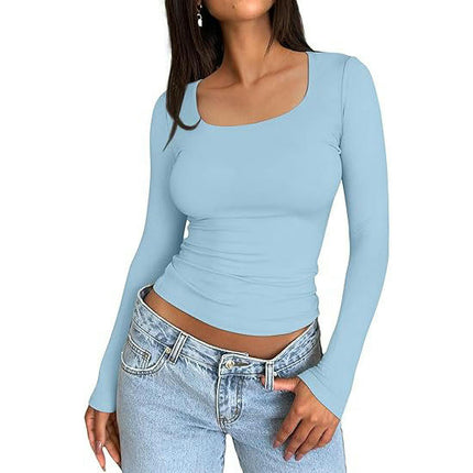 Women Long Sleeve T Shirts Square Going Out Slim Fitted Crop Tops