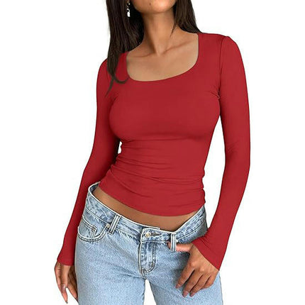 Women Long Sleeve T Shirts Square Going Out Slim Fitted Crop Tops