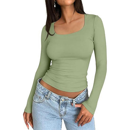 Women Long Sleeve T Shirts Square Going Out Slim Fitted Crop Tops