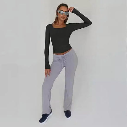 Women Long Sleeve T Shirts Square Going Out Slim Fitted Crop Tops