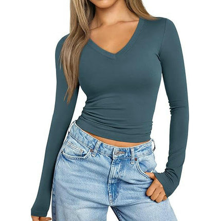 Womens Long Sleeve T Shirts V Neck Slim Fit Lightweight Tops