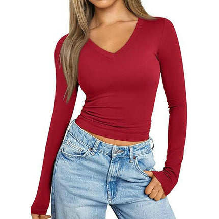 Womens Long Sleeve T Shirts V Neck Slim Fit Lightweight Tops
