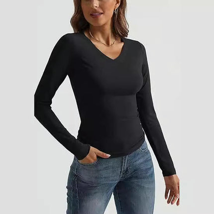 Womens Long Sleeve T Shirts V Neck Slim Fit Lightweight Tops