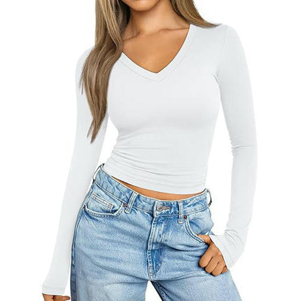 Womens Long Sleeve T Shirts V Neck Slim Fit Lightweight Tops