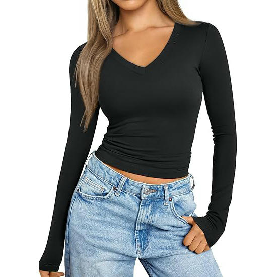 Womens Long Sleeve T Shirts V Neck Slim Fit Lightweight Tops
