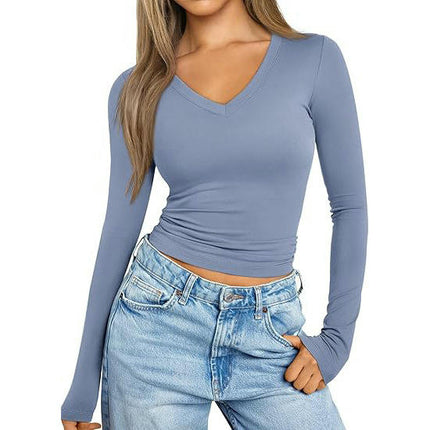 Womens Long Sleeve T Shirts V Neck Slim Fit Lightweight Tops