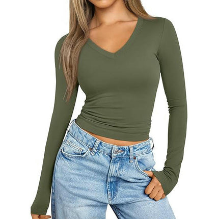Womens Long Sleeve T Shirts V Neck Slim Fit Lightweight Tops
