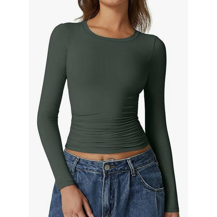 Women's Crew Neck Tops Long Sleeve Slim Fit T Shirt Basic Stretchy Shirts