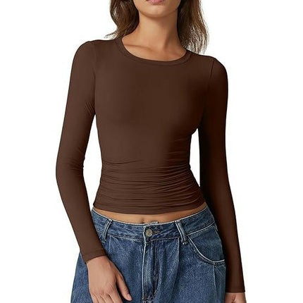 Women's Crew Neck Tops Long Sleeve Slim Fit T Shirt Basic Stretchy Shirts