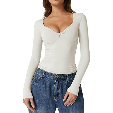 Women's Long Sleeve V Neck T Shirts Slim Fitted Going Out Crop Tops