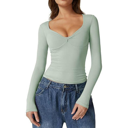 Women's Long Sleeve V Neck T Shirts Slim Fitted Going Out Crop Tops