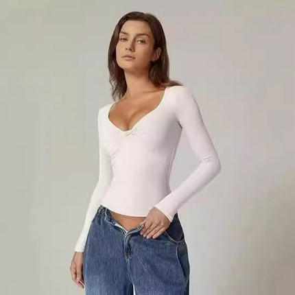 Women's Long Sleeve V Neck T Shirts Slim Fitted Going Out Crop Tops