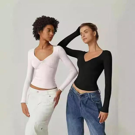 Women's Long Sleeve V Neck T Shirts Slim Fitted Going Out Crop Tops