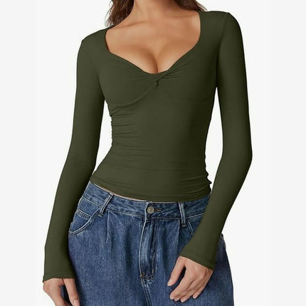 Women's Long Sleeve V Neck T Shirts Slim Fitted Going Out Crop Tops