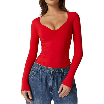 Women's Long Sleeve V Neck T Shirts Slim Fitted Going Out Crop Tops