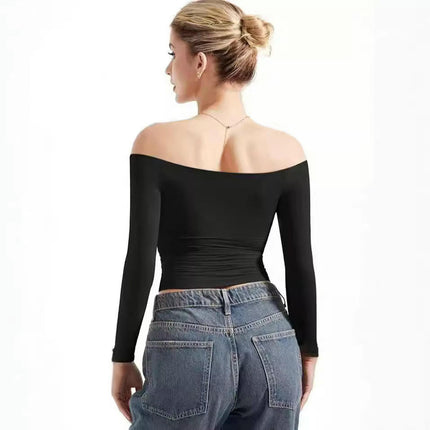 Women Long Sleeve Shirts Off Shoulder Going Out Sexy Slim Fitted Crop Tops