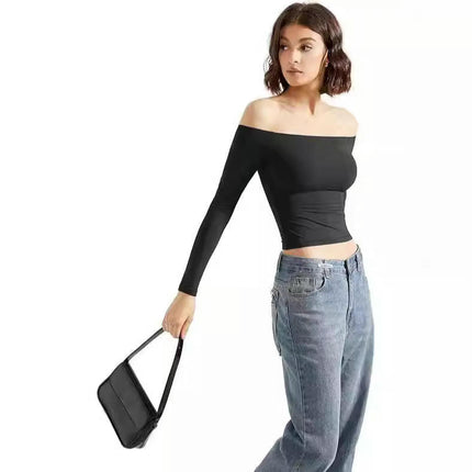 Women Long Sleeve Shirts Off Shoulder Going Out Sexy Slim Fitted Crop Tops