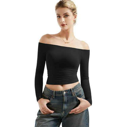 Women Long Sleeve Shirts Off Shoulder Going Out Sexy Slim Fitted Crop Tops