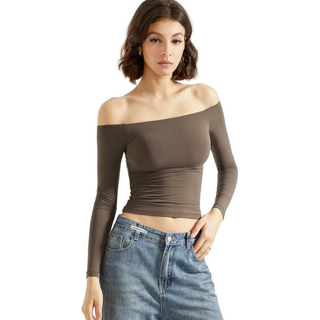Women Long Sleeve Shirts Off Shoulder Going Out Sexy Slim Fitted Crop Tops