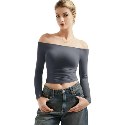 Women Long Sleeve Shirts Off Shoulder Going Out Sexy Slim Fitted Crop Tops