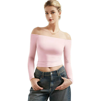 Women Long Sleeve Shirts Off Shoulder Going Out Sexy Slim Fitted Crop Tops