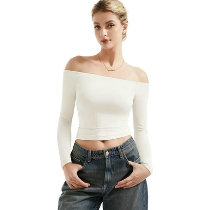 Women Long Sleeve Shirts Off Shoulder Going Out Sexy Slim Fitted Crop Tops